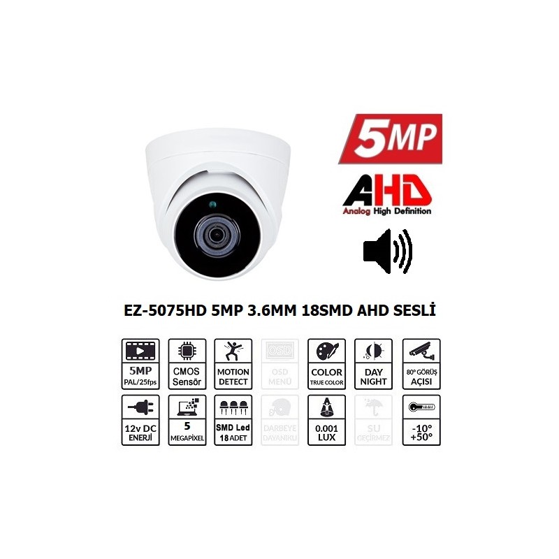 EZCOOL EZ-5075HD 5MP 3.6MM SMD AHD SESLİ DOME KAMERA