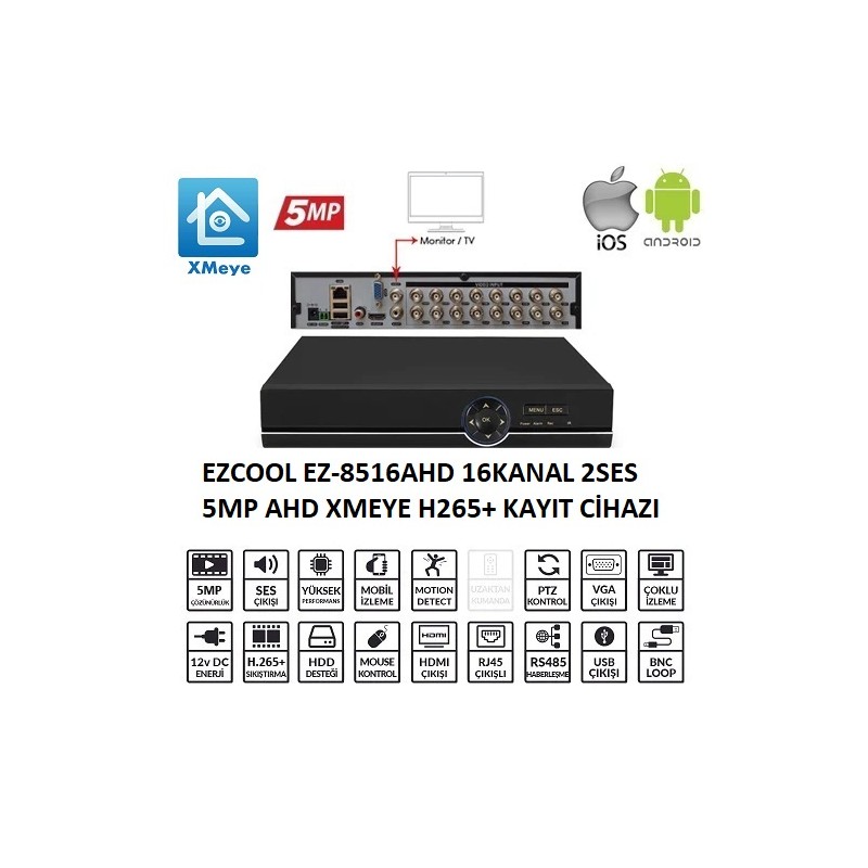 EZCOOL EZ-8516AHD 16 KANAL 5 MP 1HDD XMEYE KAYIT CİHAZI